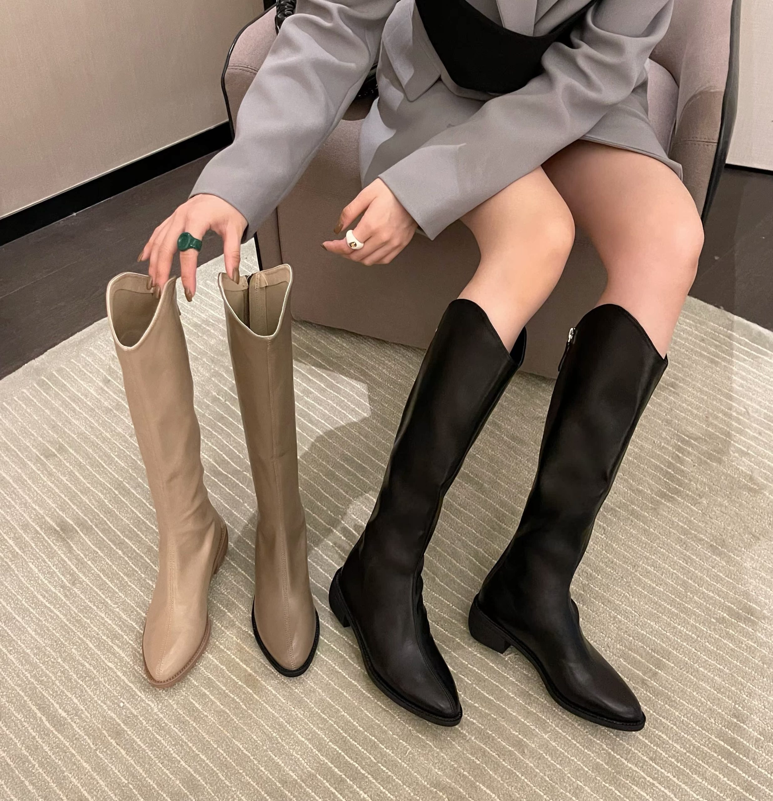 Elephant Gray Western Cowboy Boots V-Cut 2021 New Chunky Heel Knee High Boots