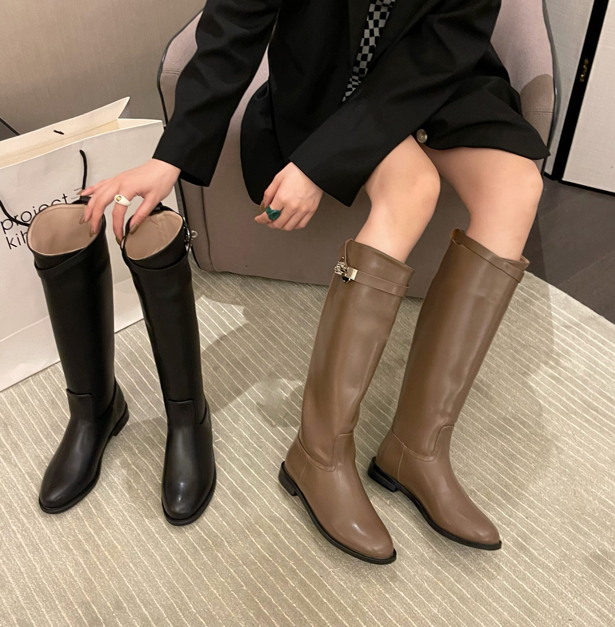 Premium Classic Black Flat Riding Boots High Tube Leather Boots for Women