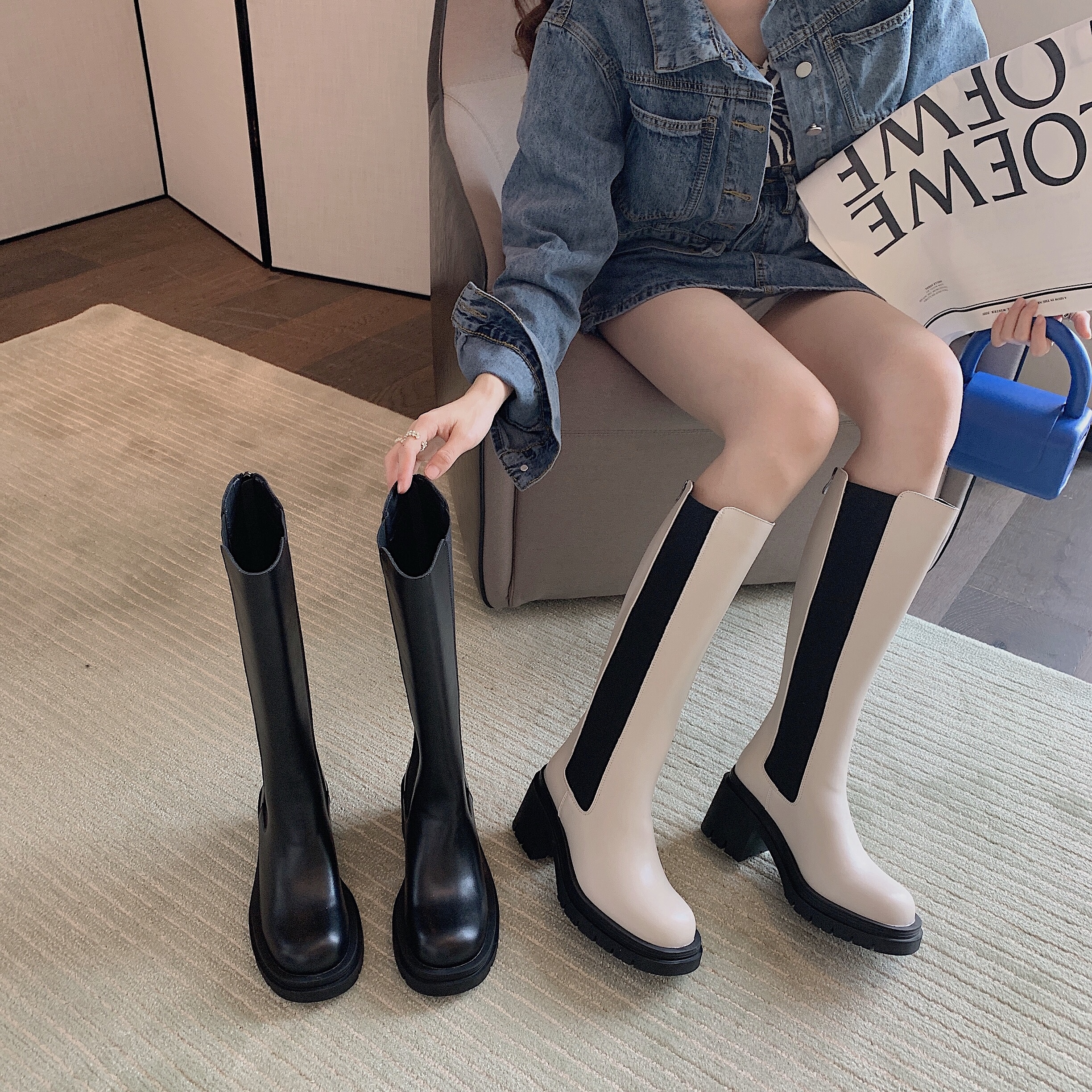 ZhuiPin Women's Chelsea Boots Chunky Heel High Top Black White